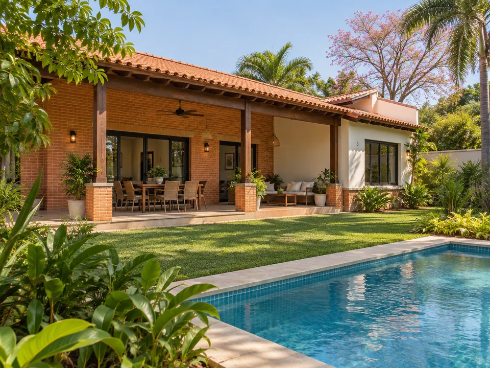 Casa con galería, jardín y piscina